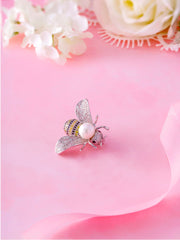 Honey Bee Rhodium Plated Pearl Brooch With Black Onyx and Cz, Pearl Bee Brooch, Cz Bee Brooch, Bee Brooch