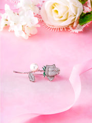 Rose Flower Rhodium Plated Pearl Brooch Pins with AAA Cubic Zirconia, Rose Brooch, Flower Brooch, Pearl And Cz Brooch