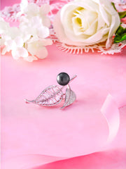 Leaf Shaped Rhodium Plated Black Pearl Brooch with AAA Cubic Zirconia, Leaf Brooch, Pearl And Cz Brooch