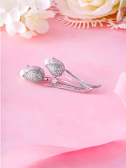 Tulip Flowers Rhodium Plated Pearl Brooch with AAA Cubic Zirconia, Tulip Brooch, Flower Brooch, Pearl And Cz Brooch