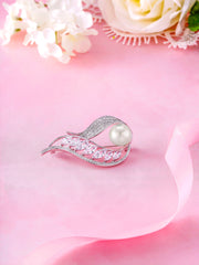 Marquise AAA Cubic Zirconia Rhodium Plated Leaf Pearl Brooch, Leaf Brooch, Cz And Pearl Brooch