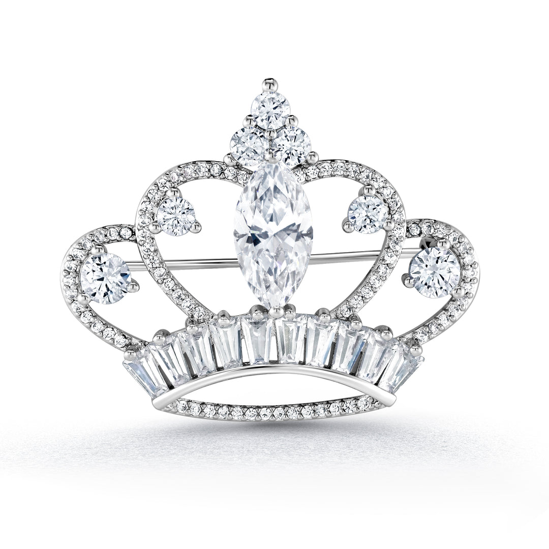 Rhodium Plated Crown Brooch Pins with Marquise Cut AAA Cubic Zirconia, Cz Tiara Brooch, Perfect For Any Occasion