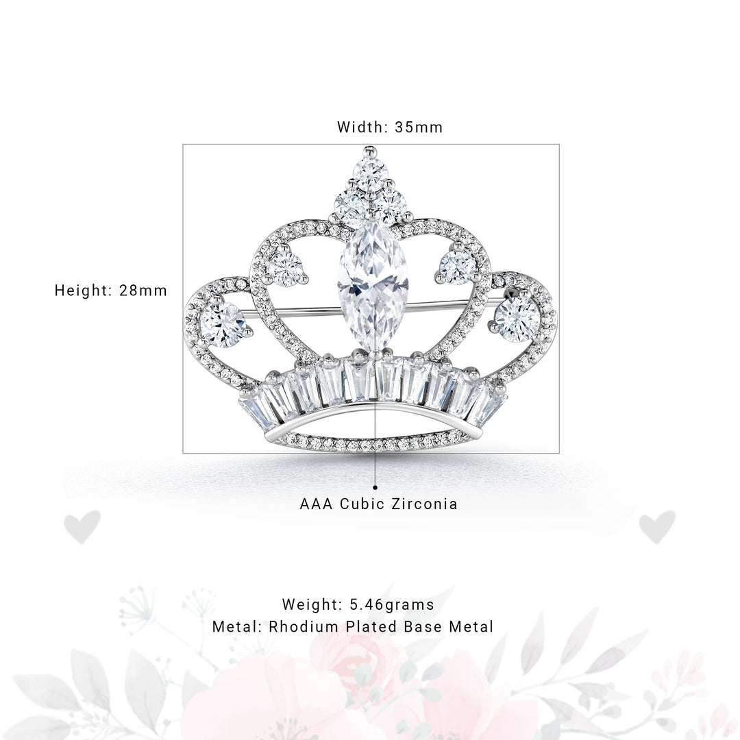 Rhodium Plated Crown Brooch Pins with Marquise Cut AAA Cubic Zirconia, Cz Tiara Brooch, Perfect For Any Occasion