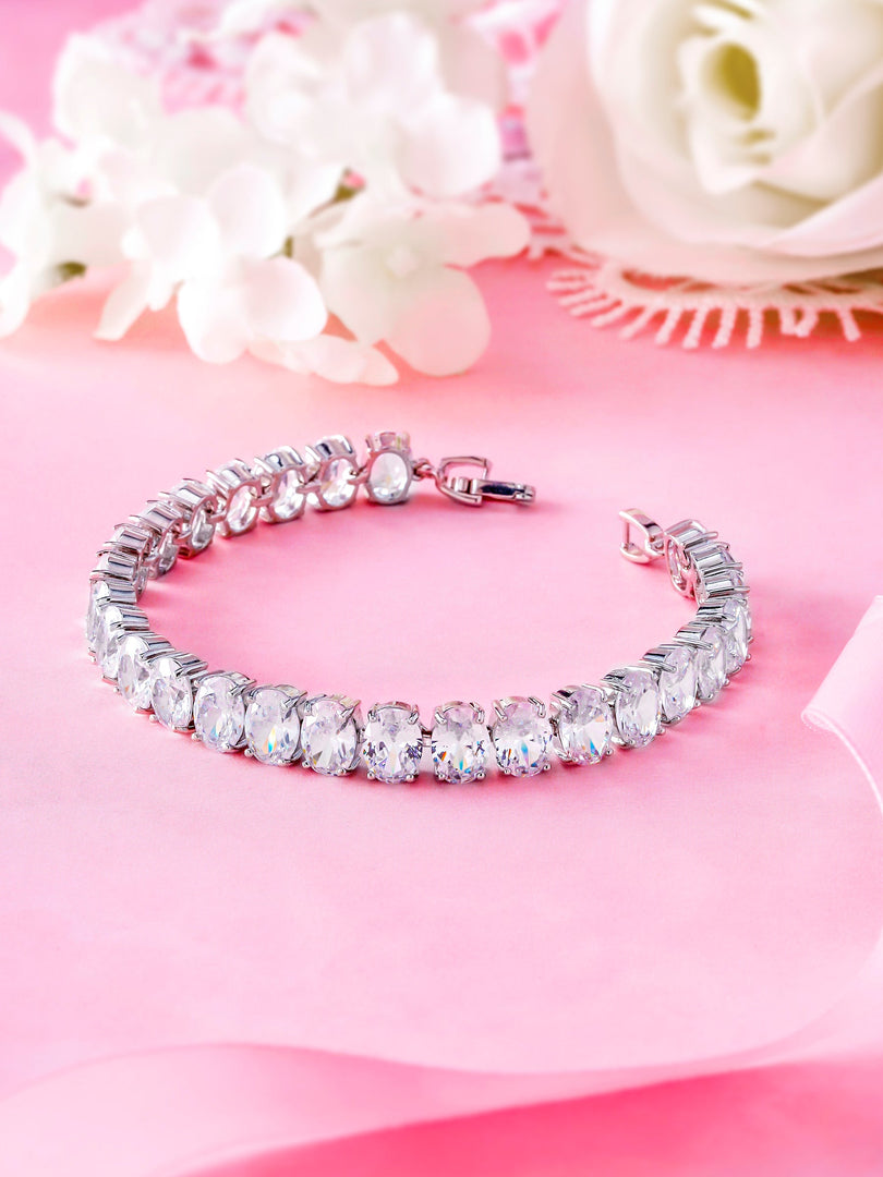 8mm Oval CZ Rhodium Plated Tennis Bracelet, Oval Cz Bracelet, Tennis Bracelet, Casual Bracelet