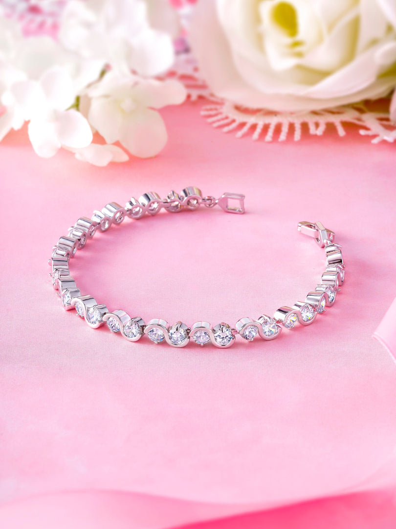 Round CZ Rhodium Plated Haft Bezel Tennis Bracelet, Cz Bracelet, Casual Bracelet, Brass Bracelet