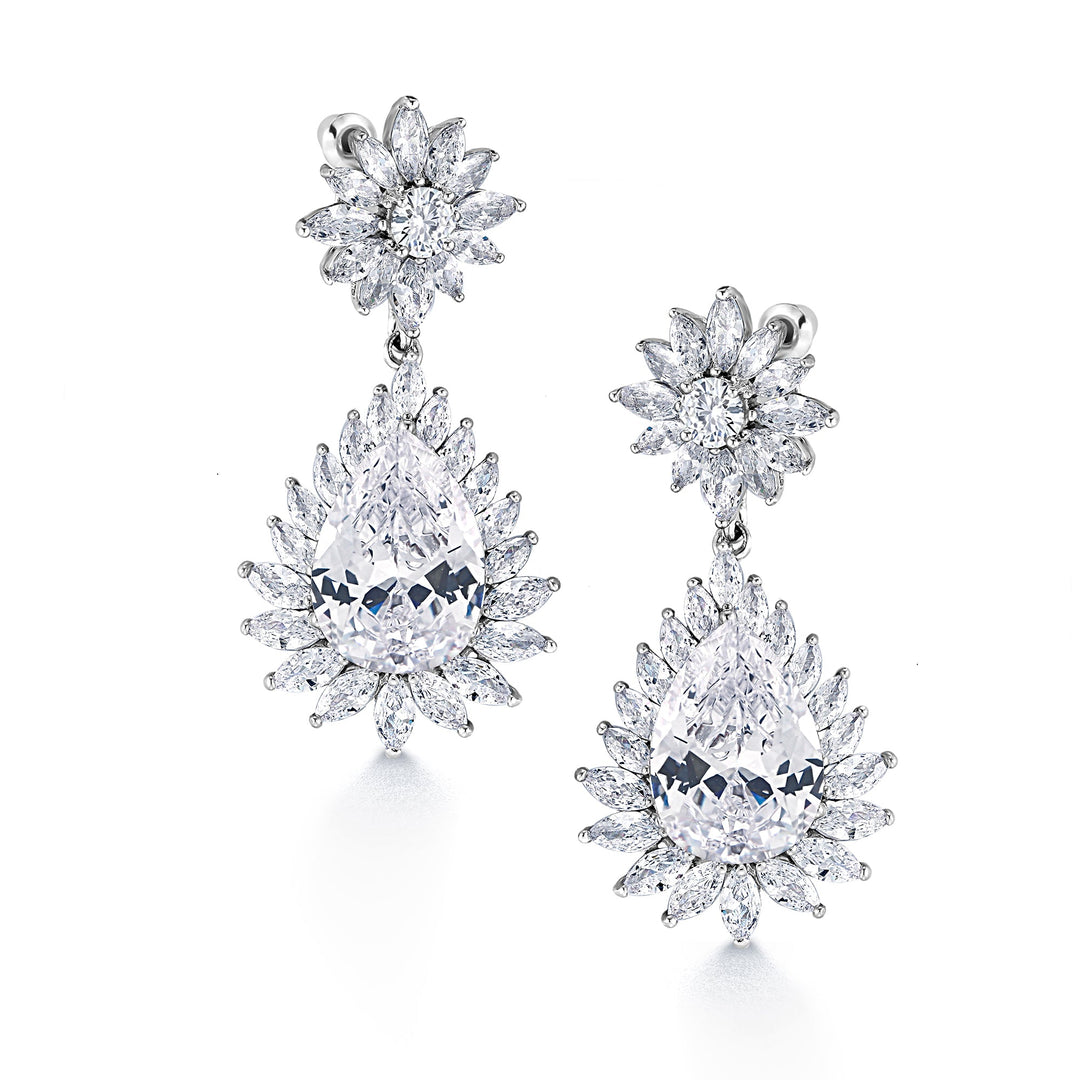 Elegant Bridal Teardrop CZ Flower Dangle Earrings, Flower Design Cz Earrings, Cz Dangle Earrings