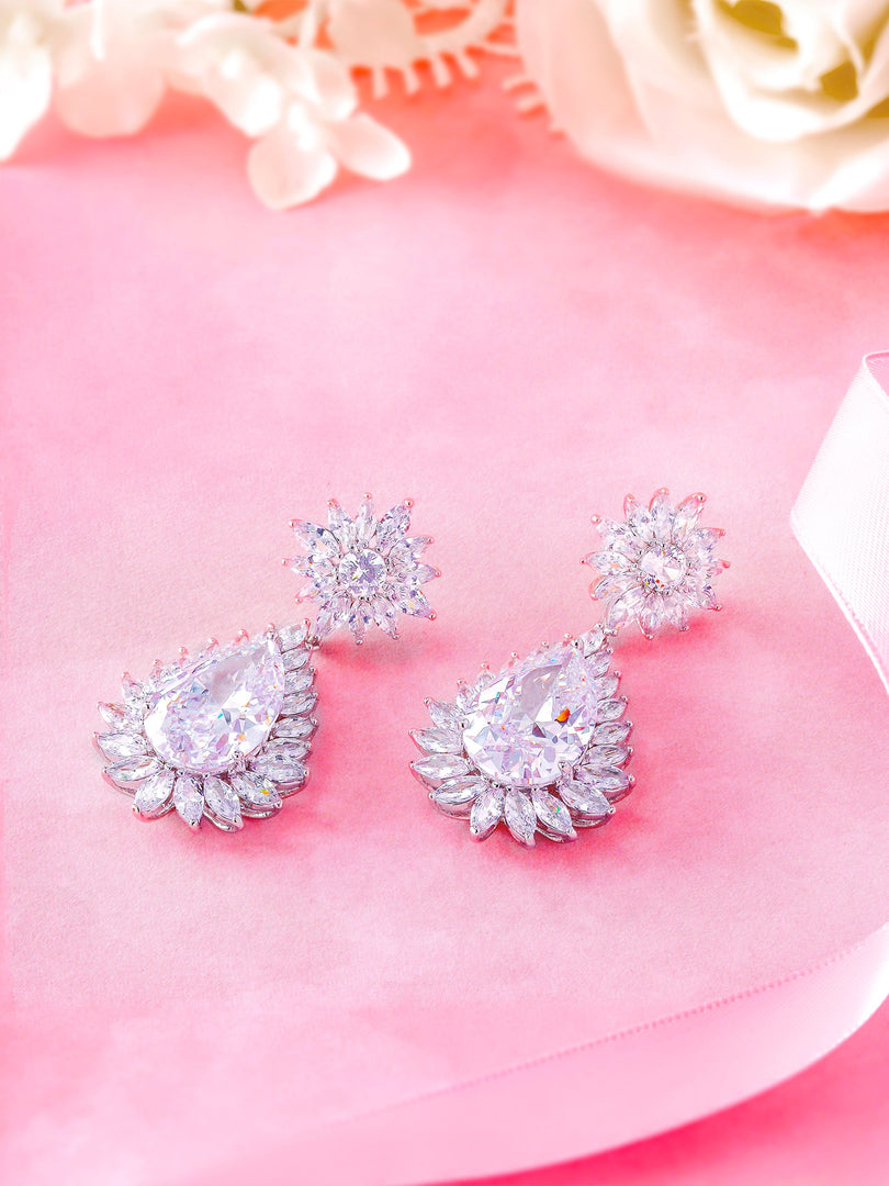 Elegant Bridal Teardrop CZ Flower Dangle Earrings, Flower Design Cz Earrings, Cz Dangle Earrings