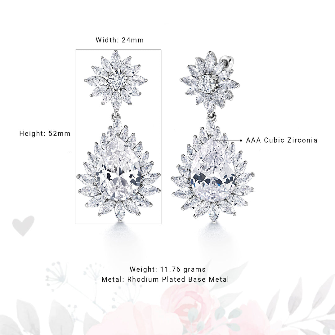 Elegant Bridal Teardrop CZ Flower Dangle Earrings, Flower Design Cz Earrings, Cz Dangle Earrings