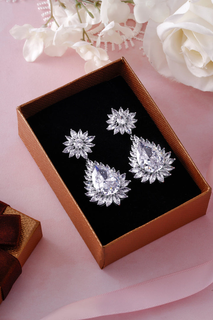 Elegant Bridal Teardrop CZ Flower Dangle Earrings, Flower Design Cz Earrings, Cz Dangle Earrings