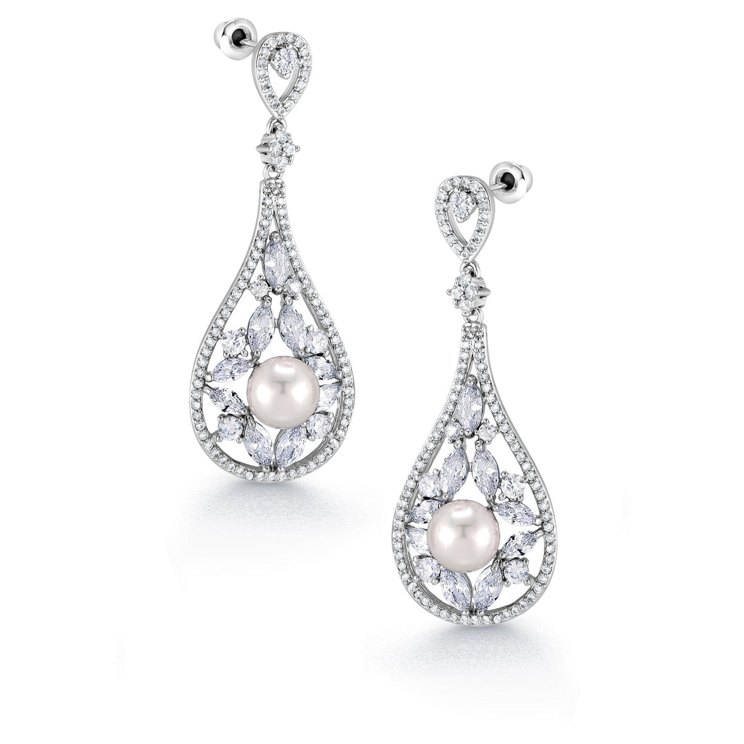 Victorian Style Pearl CZ Earrings, Pearl Dangle Earrings, Cz Dangle Earrings Weddings Earrings
