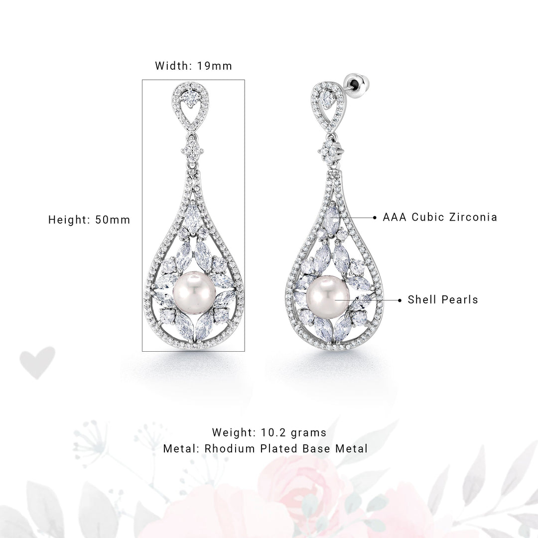 Victorian Style Pearl CZ Earrings, Pearl Dangle Earrings, Cz Dangle Earrings Weddings Earrings