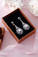Load image into Gallery viewer, Victorian Style Pearl CZ Earrings, Pearl Dangle Earrings, Cz Dangle Earrings Weddings Earrings

