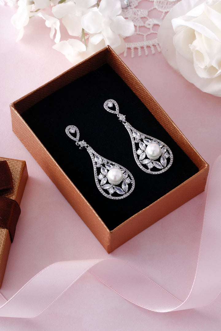 Victorian Style Pearl CZ Earrings, Pearl Dangle Earrings, Cz Dangle Earrings Weddings Earrings