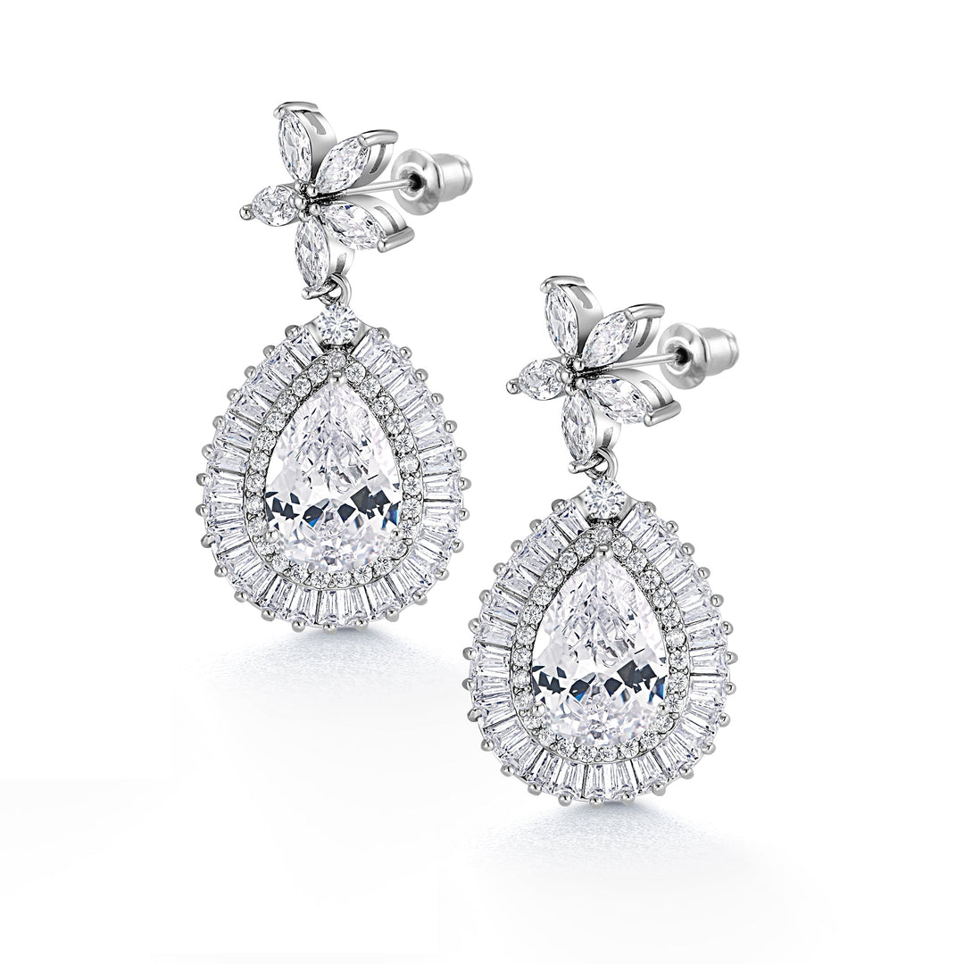 Pear Shape Bridal Flower Dangle Halo Earrings, Flower Design Earrings, Cz Dangle Earrings