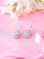 Load image into Gallery viewer, Pear Shape Bridal Flower Dangle Halo Earrings, Flower Design Earrings, Cz Dangle Earrings
