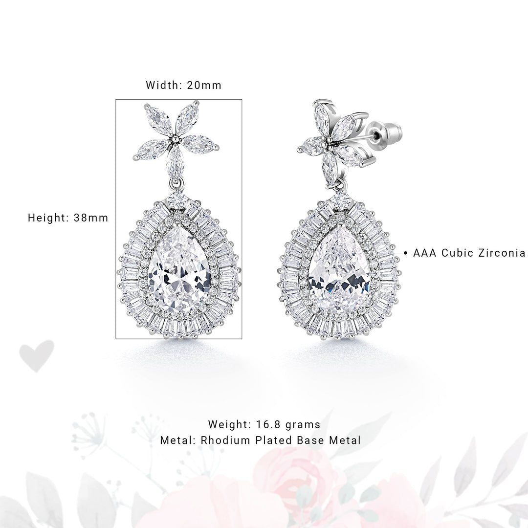 Pear Shape Bridal Flower Dangle Halo Earrings, Flower Design Earrings, Cz Dangle Earrings