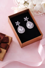 Load image into Gallery viewer, Pear Shape Bridal Flower Dangle Halo Earrings, Flower Design Earrings, Cz Dangle Earrings
