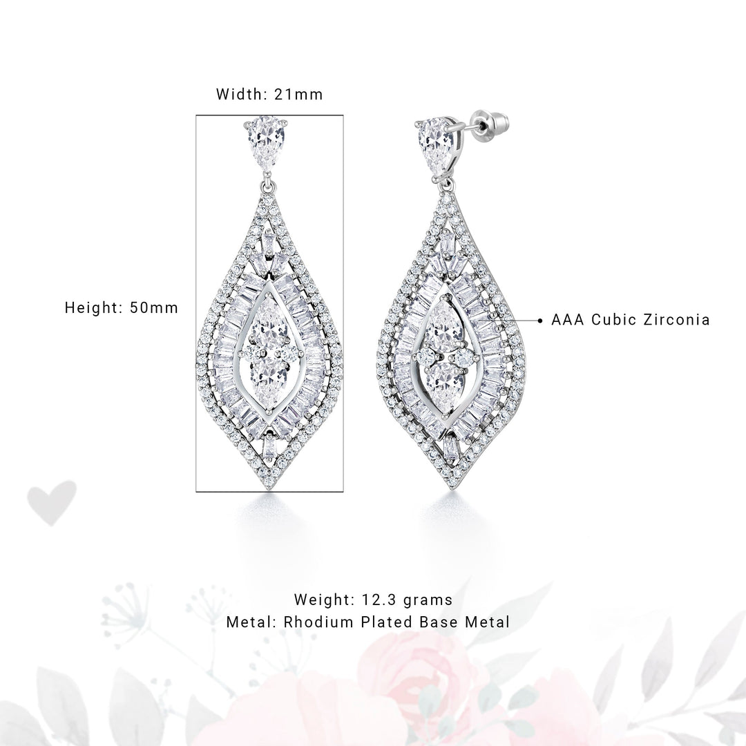 Teardrop CZ Leaf Style Dangle Earrings, Leaf Design Earrings, Dangle Earrings, Cz Dangle Earrings