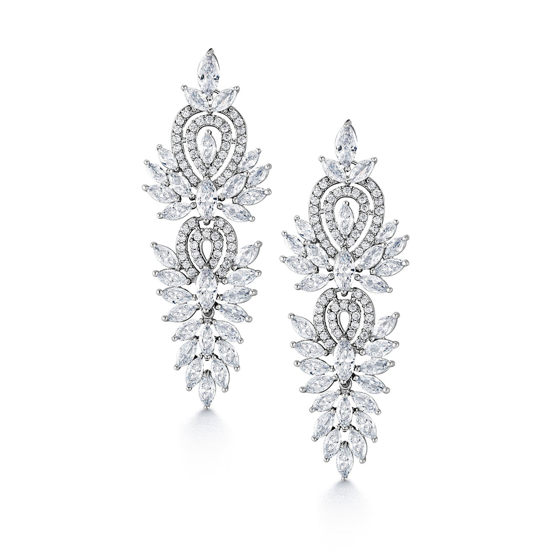 Victorian Style Lace Filigree Marquise and Round CZ Vintage Twin Dangle Earrings, Chandeleir Dangle Earrings