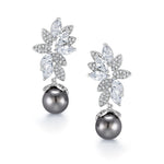 Load image into Gallery viewer, Black Pearl Marquise CZ Flower Design Wedding Dangle Earrings, Flower Design Earrings, Pearl Drop Earrings, Cz Earrings
