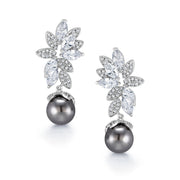 Black Pearl Marquise CZ Flower Design Wedding Dangle Earrings, Flower Design Earrings, Pearl Drop Earrings, Cz Earrings