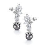 Load image into Gallery viewer, Black Pearl Marquise CZ Flower Design Wedding Dangle Earrings, Flower Design Earrings, Pearl Drop Earrings, Cz Earrings
