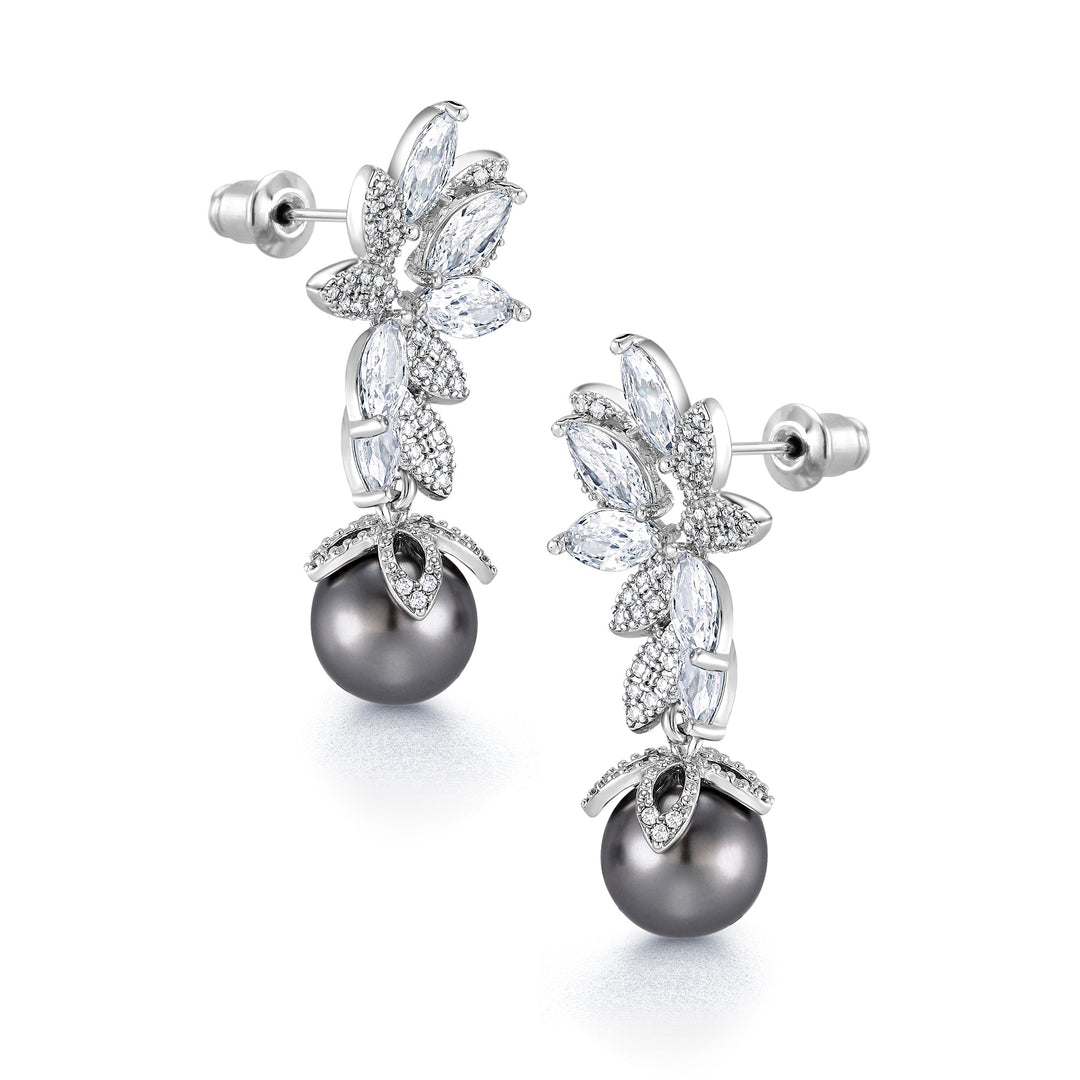 Black Pearl Marquise CZ Flower Design Wedding Dangle Earrings, Flower Design Earrings, Pearl Drop Earrings, Cz Earrings