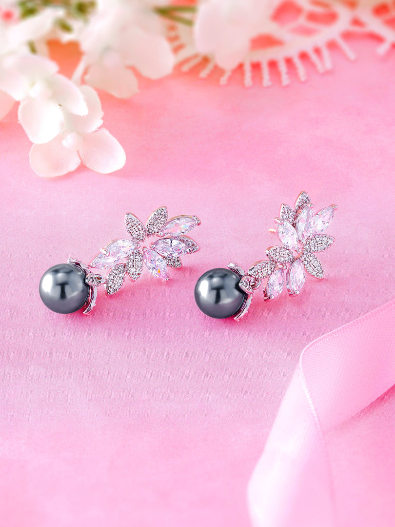 Black Pearl Marquise CZ Flower Design Wedding Dangle Earrings, Flower Design Earrings, Pearl Drop Earrings, Cz Earrings