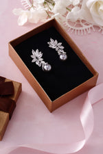 Load image into Gallery viewer, Black Pearl Marquise CZ Flower Design Wedding Dangle Earrings, Flower Design Earrings, Pearl Drop Earrings, Cz Earrings
