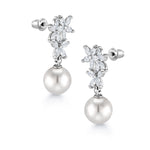 Load image into Gallery viewer, Pearl Marquise CZ Flower Bridal Dangle Earrings, Flower  Earrings, Marquise CZ Flower Dangle Earrings
