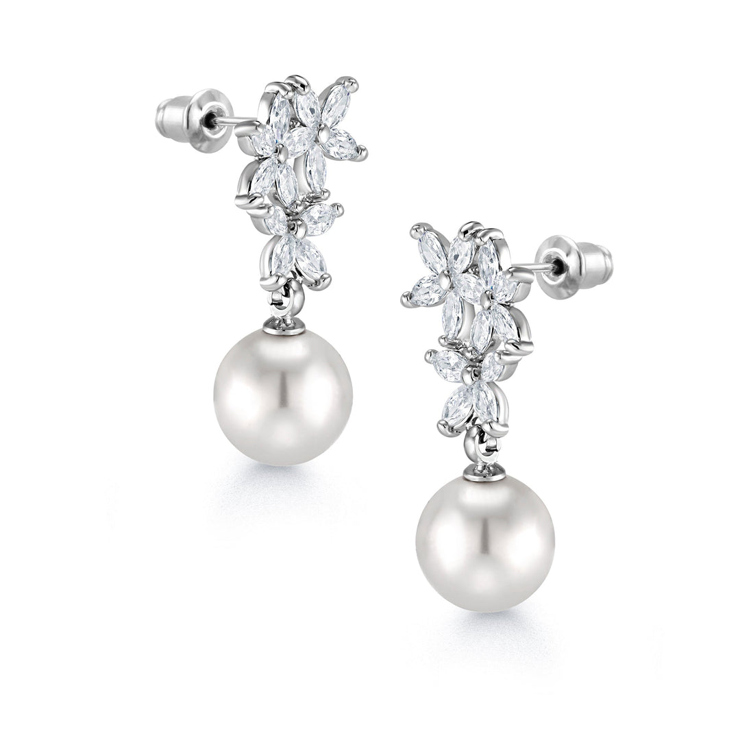 Pearl Marquise CZ Flower Bridal Dangle Earrings, Flower  Earrings, Marquise CZ Flower Dangle Earrings