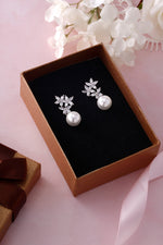 Load image into Gallery viewer, Pearl Marquise CZ Flower Bridal Dangle Earrings, Flower  Earrings, Marquise CZ Flower Dangle Earrings
