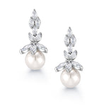 Load image into Gallery viewer, Bridal Pearl Rhodium Plated long Design CZ Earrings, Cz Earrings, Pearl Dangle Earrings, Marquise Cz Earrings
