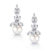 Bridal Pearl Rhodium Plated long Design CZ Earrings, Cz Earrings, Pearl Dangle Earrings, Marquise Cz Earrings
