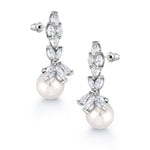 Load image into Gallery viewer, Bridal Pearl Rhodium Plated long Design CZ Earrings, Cz Earrings, Pearl Dangle Earrings, Marquise Cz Earrings
