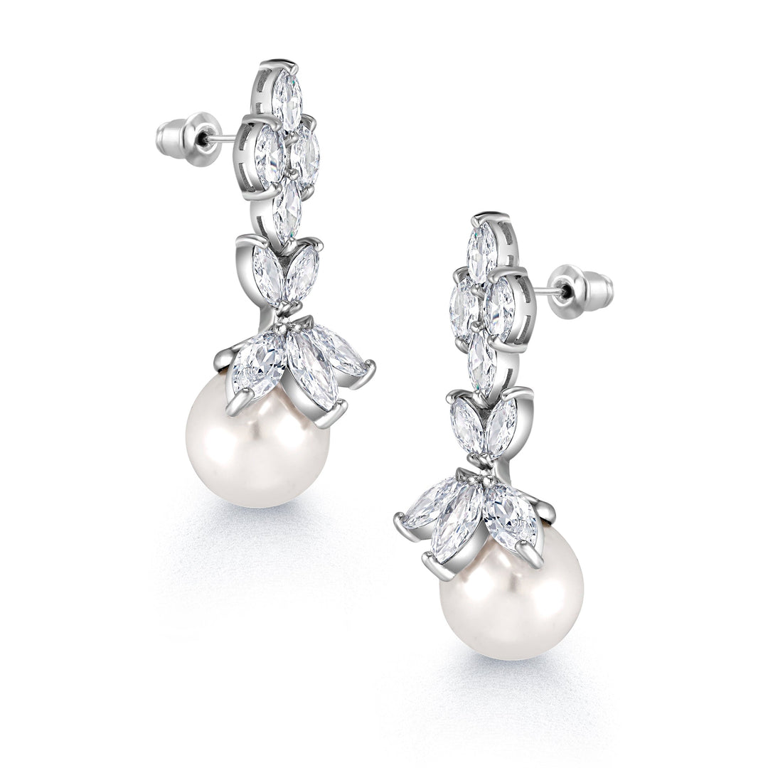 Bridal Pearl Rhodium Plated long Design CZ Earrings, Cz Earrings, Pearl Dangle Earrings, Marquise Cz Earrings
