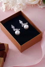 Load image into Gallery viewer, Bridal Pearl Rhodium Plated long Design CZ Earrings, Cz Earrings, Pearl Dangle Earrings, Marquise Cz Earrings
