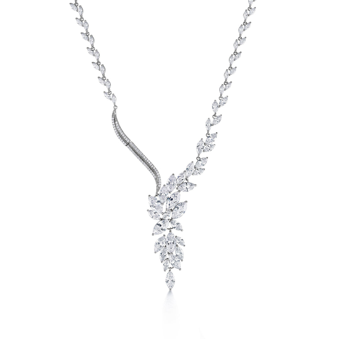 Marquise Flower Design Necklace Set- 16 Inch Length, Cz Necklace Set, Bridal Necklace Set, Brass Wedding Necklace Set, Multi Shape Cz Necklace.
