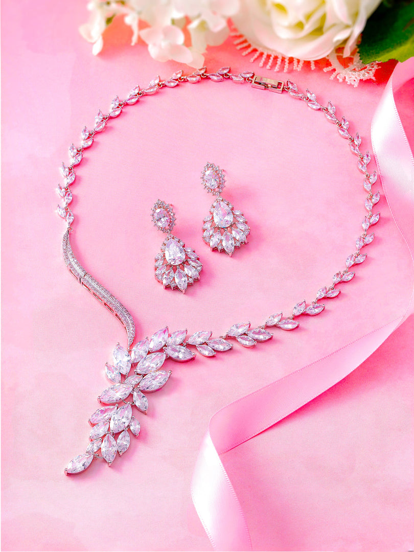 Marquise Flower Design Necklace Set- 16 Inch Length, Cz Necklace Set, Bridal Necklace Set, Brass Wedding Necklace Set, Multi Shape Cz Necklace.