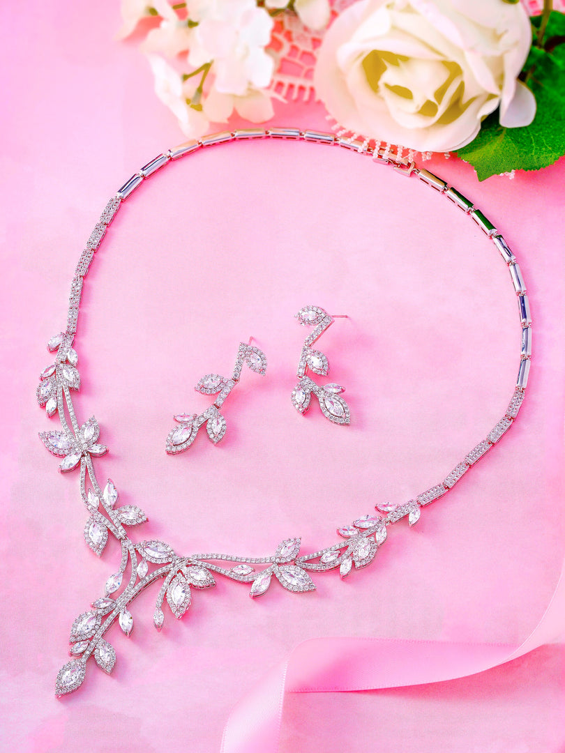 Marquise CZ Leaf Design Necklace Set- 17 Inch Length, Leaf Design Necklace Set, Cz Necklace Set, Wedding Necklace Set