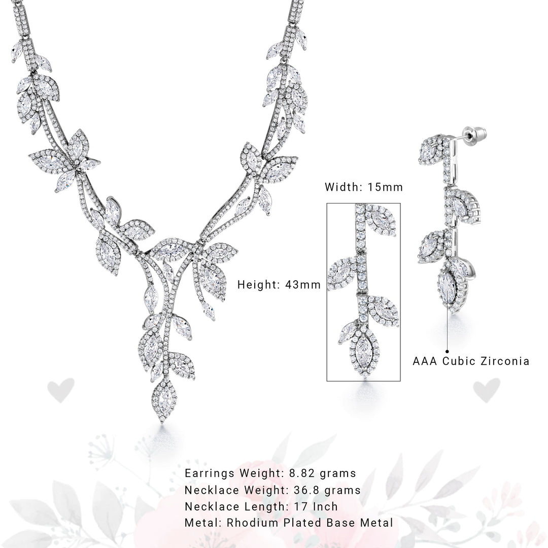 Marquise CZ Leaf Design Necklace Set- 17 Inch Length, Leaf Design Necklace Set, Cz Necklace Set, Wedding Necklace Set
