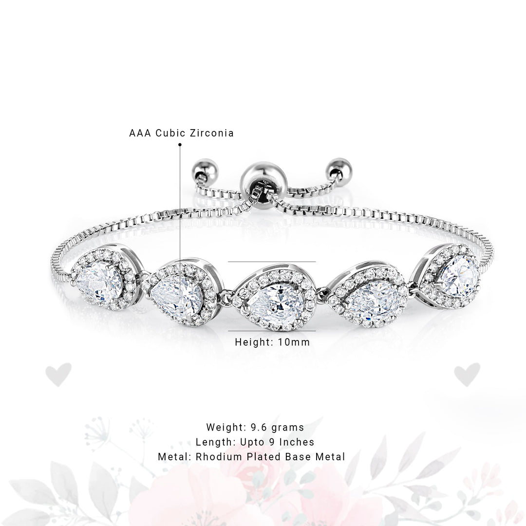 Pear Shape Cubic Zirconia Rhodium Plated Bracelet, Halo Bracelet, Tear drop Cz Bracelet, Pear Shape Cz Bracelet, Adjustable Bracelet