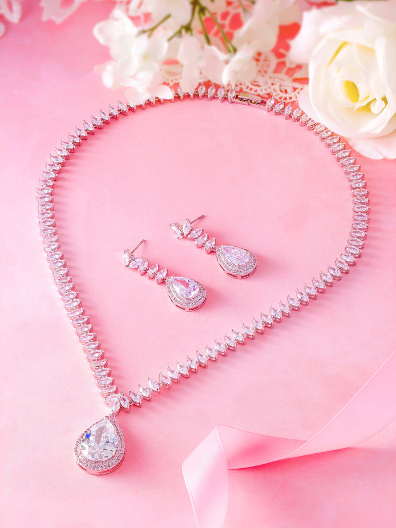 Teardrop And Marquise Cut CZ Necklace Set- 16 Inch, Teardrop Cz Necklace Set, Marquise Cz Necklace Set, Party Necklace Set