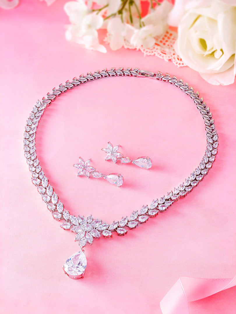 Teardrop CZ Wedding Necklace Set -16 Inch Length, Marquise Necklace Set, Pear Shape Necklace, Brass Necklace, Marquise Cz Necklace Set
