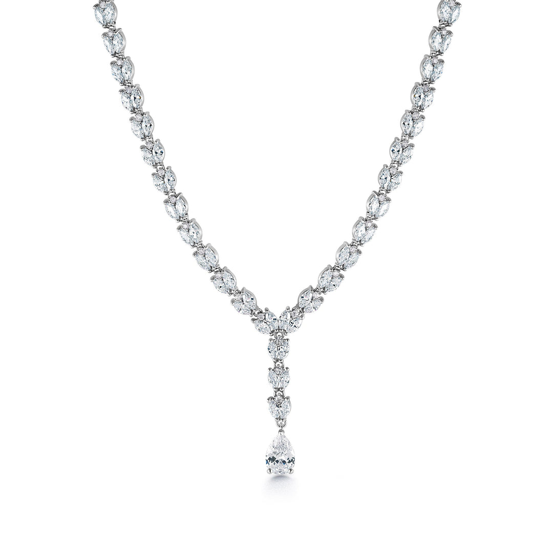 Teardrop And Marquise Cut CZ Necklace Set - 19 Inch Length,  Multi Shape Cz Jewelry Set, Teardrop CZ Jewelry Set, Brass Necklace Set, Party Wear Necklace Set