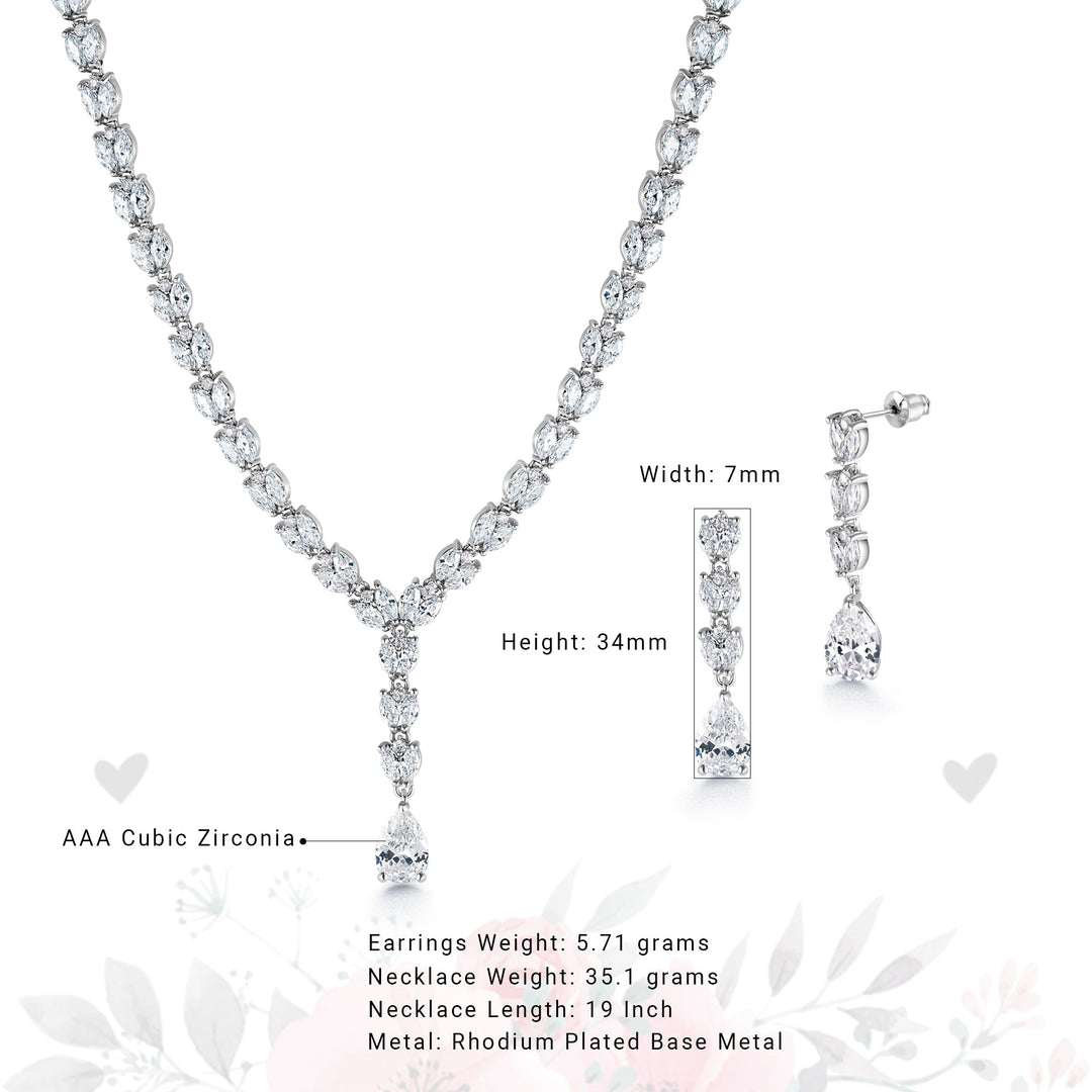 Teardrop And Marquise Cut CZ Necklace Set - 19 Inch Length,  Multi Shape Cz Jewelry Set, Teardrop CZ Jewelry Set, Brass Necklace Set, Party Wear Necklace Set