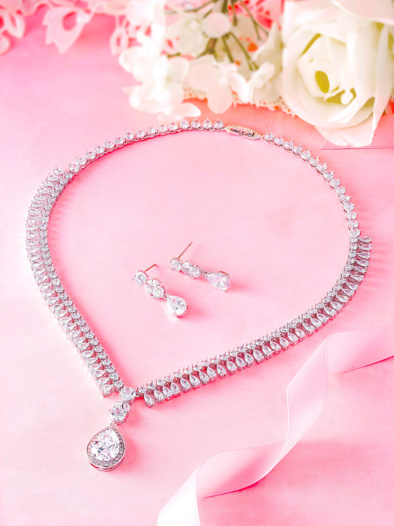 Teardrop CZ Wedding Necklace Set- 16 Inch,  Brass Necklace Set, Multi Shape Cz Necklace, Party Wear Necklace Set
