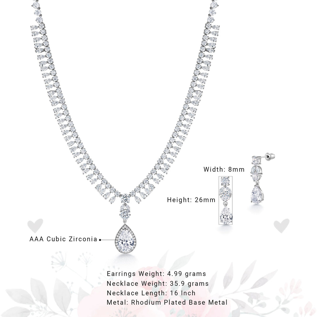 Teardrop CZ Wedding Necklace Set- 16 Inch,  Brass Necklace Set, Multi Shape Cz Necklace, Party Wear Necklace Set