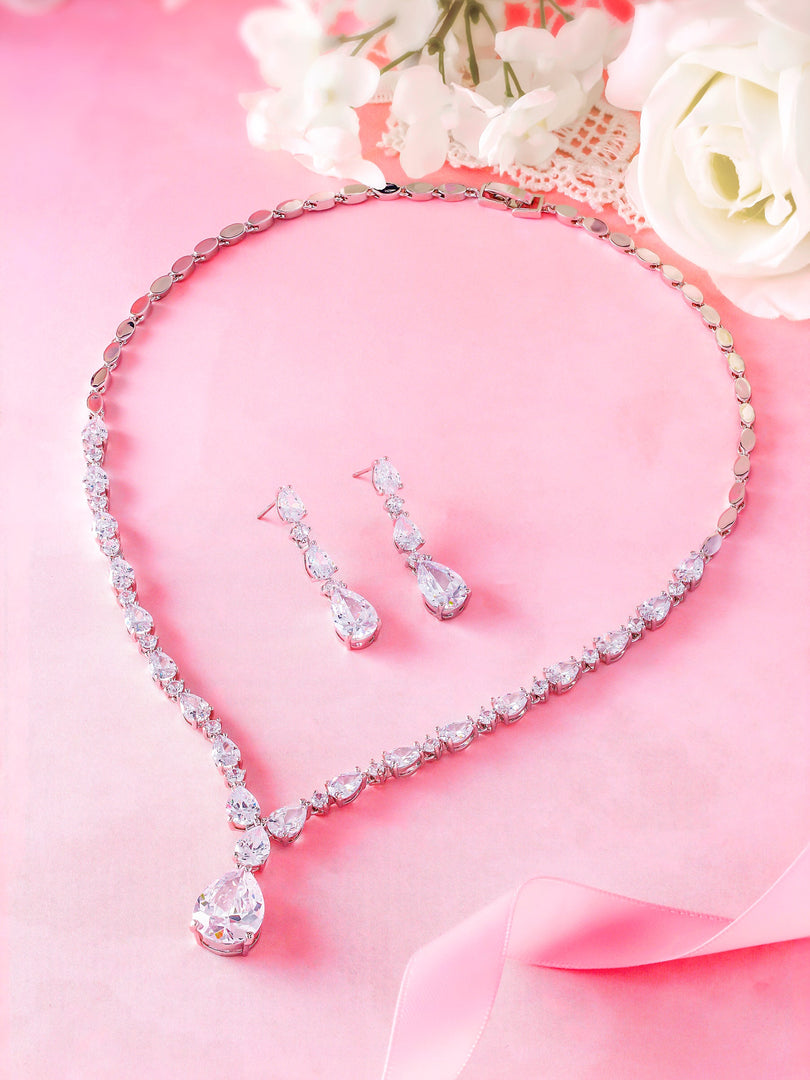 Teardrop CZ Wedding Necklace Set-17 Inch, Multi Shape Cz Necklace Set, Brass Necklace Set, Cz Necklace Set, Party Wear Necklace Set