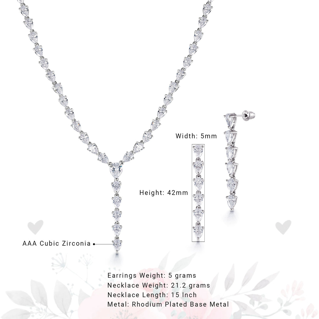 Teardrop CZ Wedding Necklace Set -15 Inch Length, Pear Shaped CZ Necklace Set, Bass Teardrop Cz Bridal Jewelry Set, Party Wear Necklace Set
